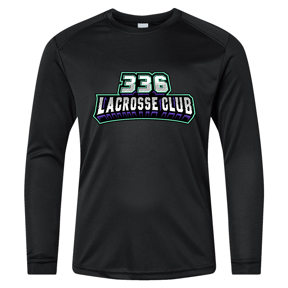 Youth Shooter - 336 Lacrosse Club in black, front view, 336 LACROSSE CLUB text graphic