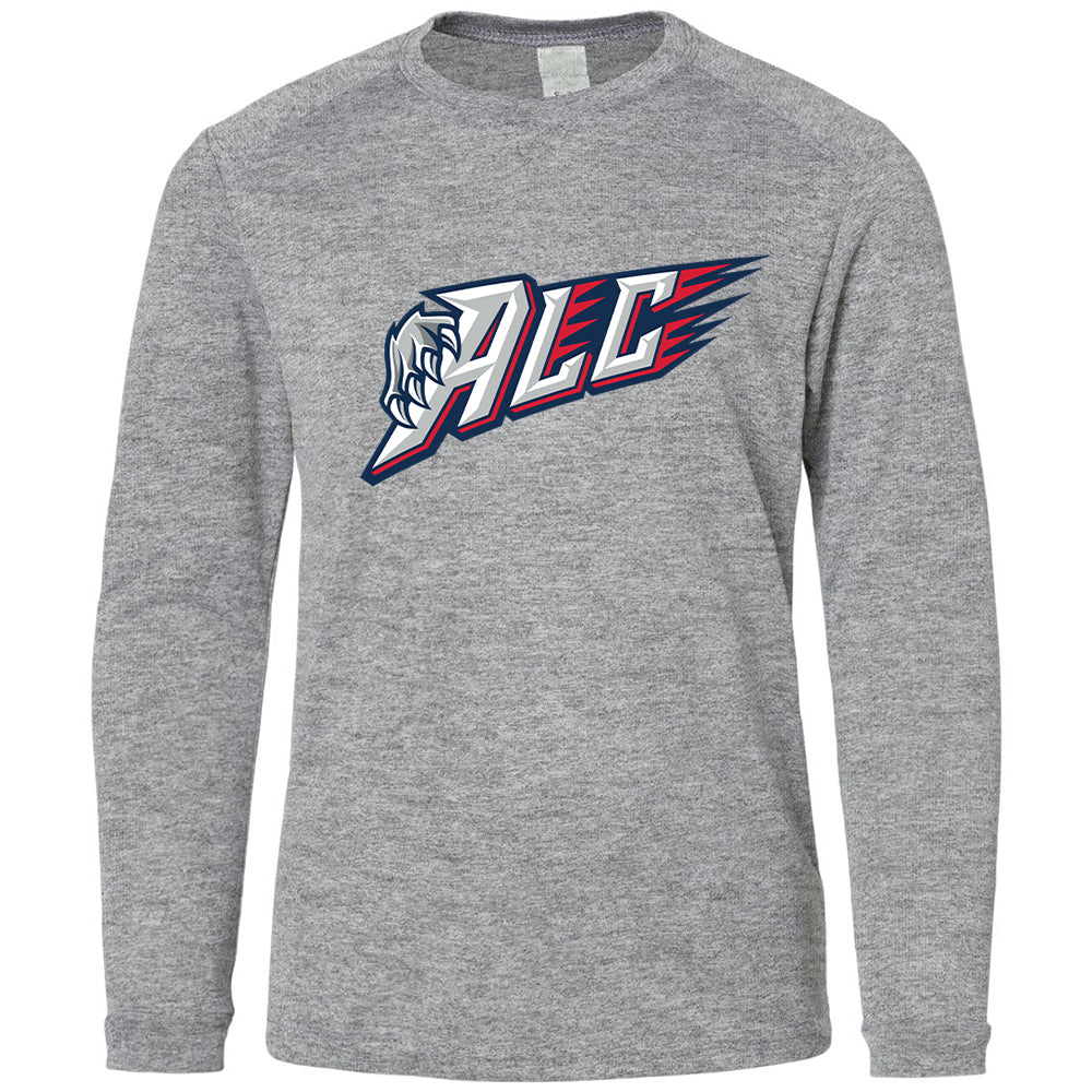 Youth Shooter - ALC in heather grey, front view, ALC letters with claw graphic and red streaks