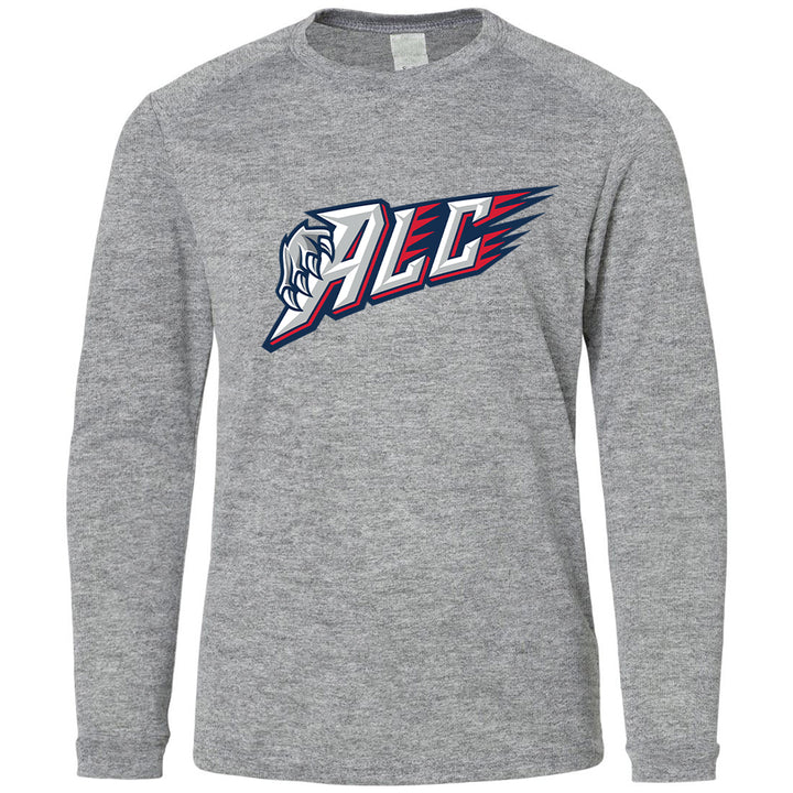 Youth Shooter - ALC in heather grey, front view, ALC letters with claw graphic and red streaks