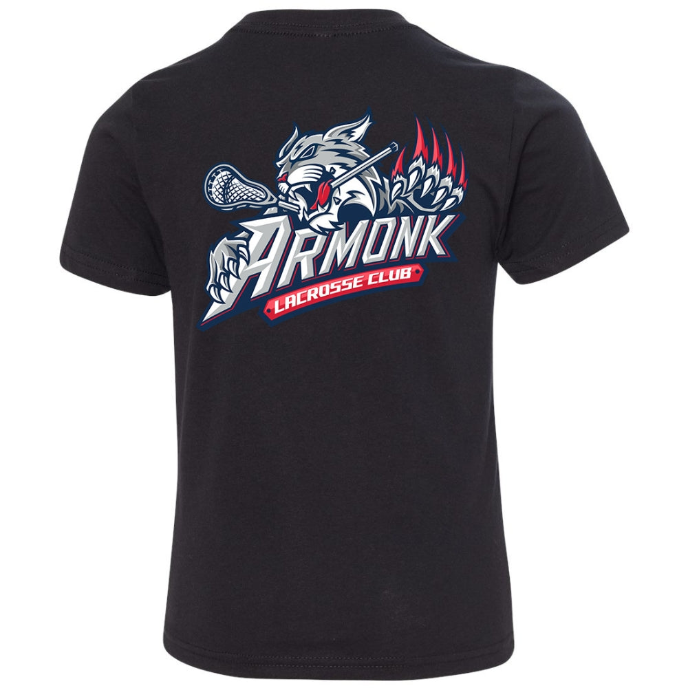 Youth Tee - Armonk Lacrosse in black, back view, wildcat holding lacrosse stick with Armonk Lacrosse Club text