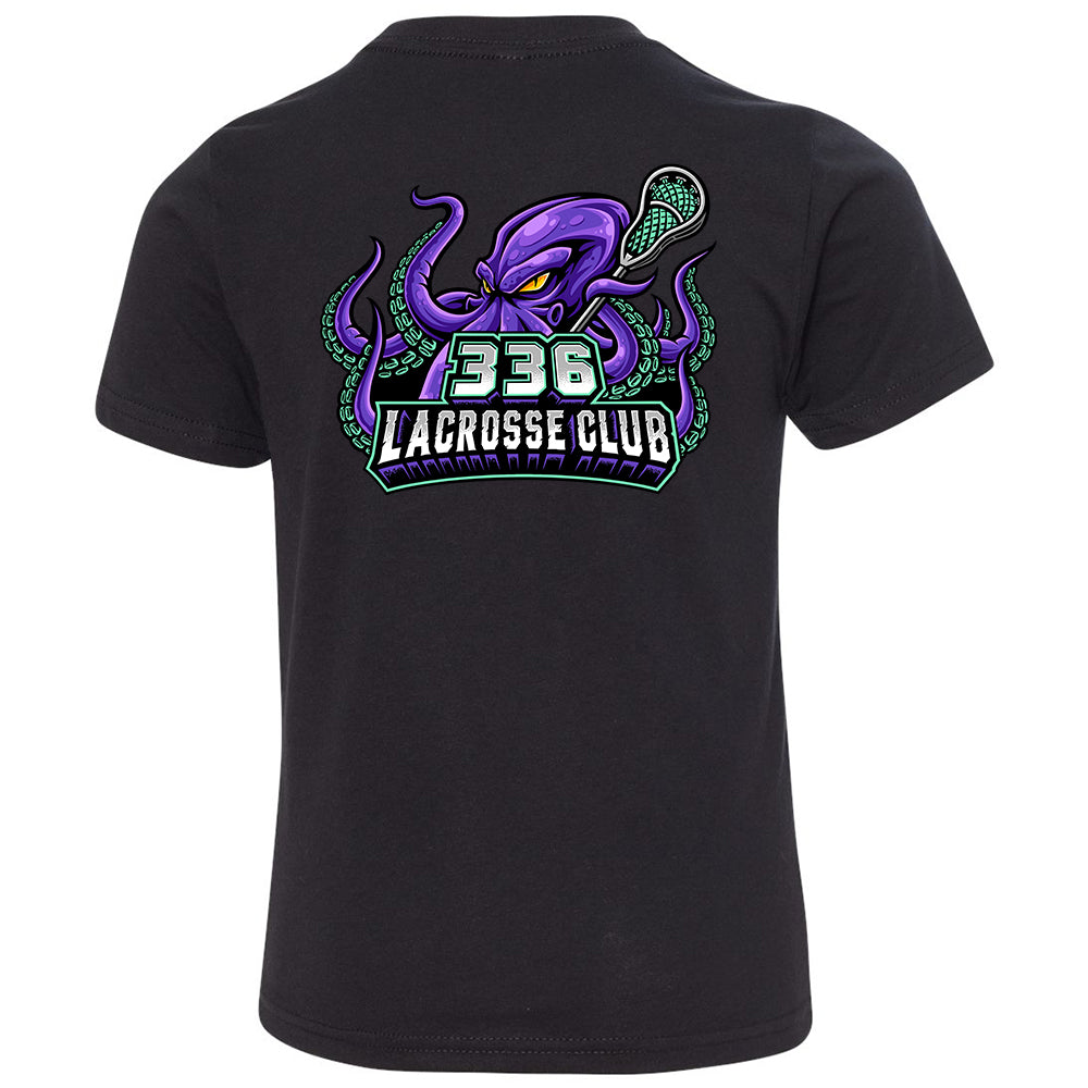 Youth Tee - 336 Lacrosse Club in black, back view, purple octopus holding lacrosse stick with text '336 LACROSSE CLUB'