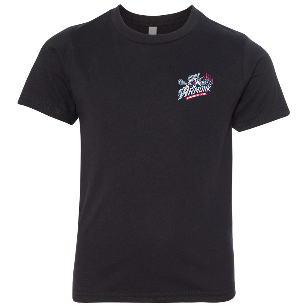 Youth Tee - Armonk Lacrosse in black, front view, Armonk lacrosse club text with lacrosse stick and claw graphic