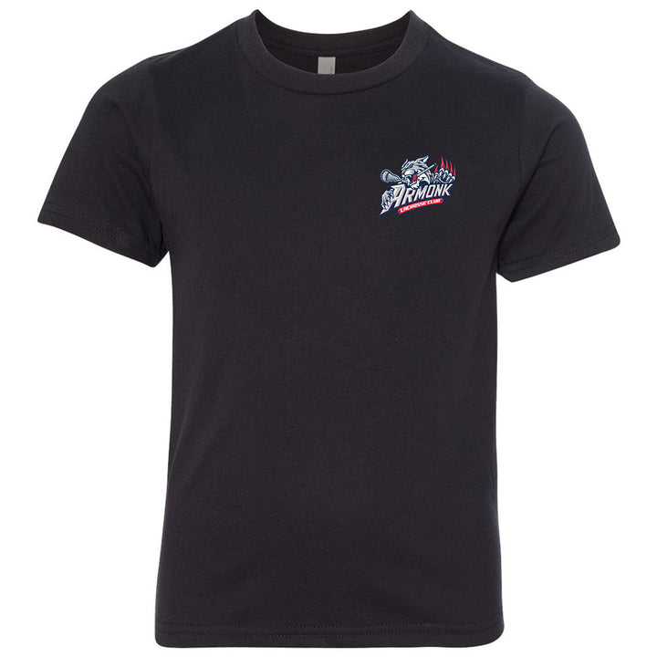 Youth Tee - Armonk Lacrosse in black, front view, Armonk lacrosse club text with lacrosse stick and claw graphic