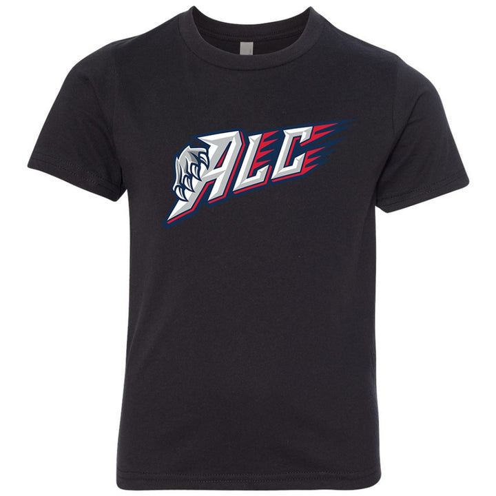 Youth Tee - ALC in black, front view, ALC text with claw graphic and red streaks