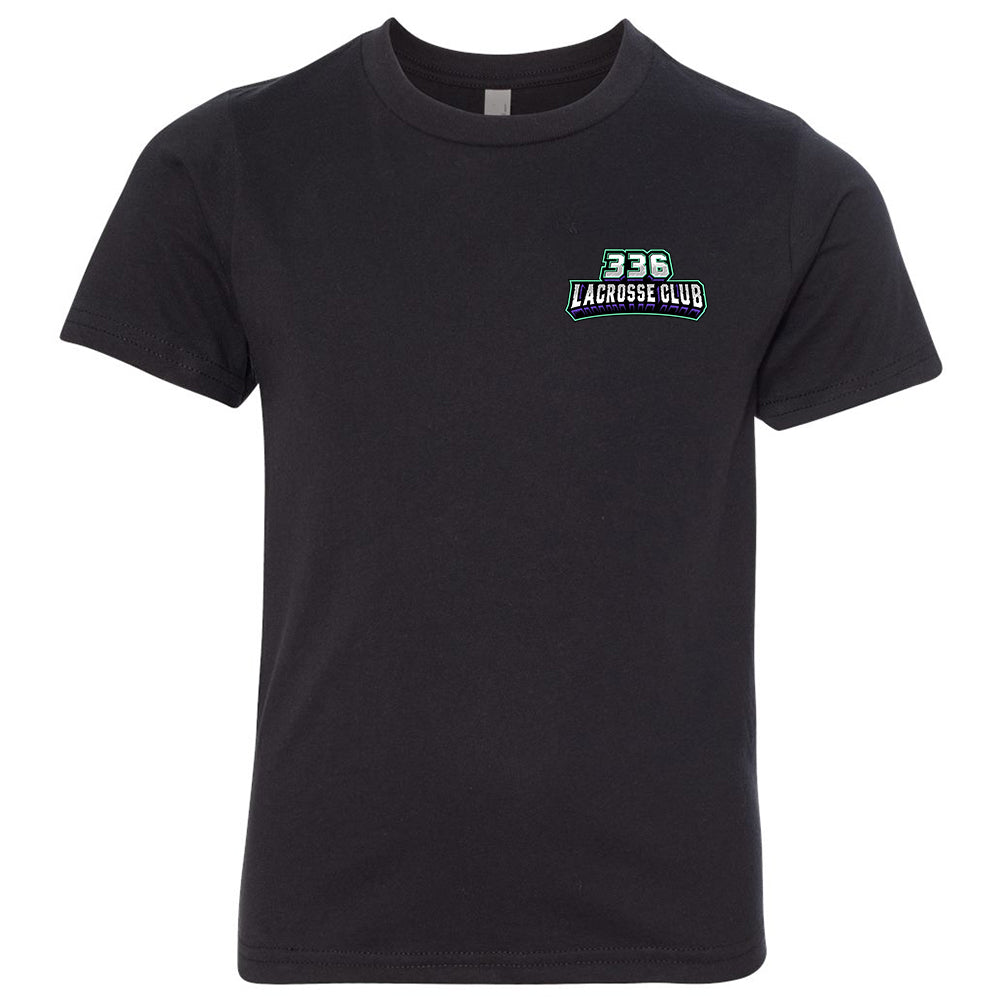 Youth Tee - 336 Lacrosse Club in black, front view, 336 LACROSSE CLUB text logo