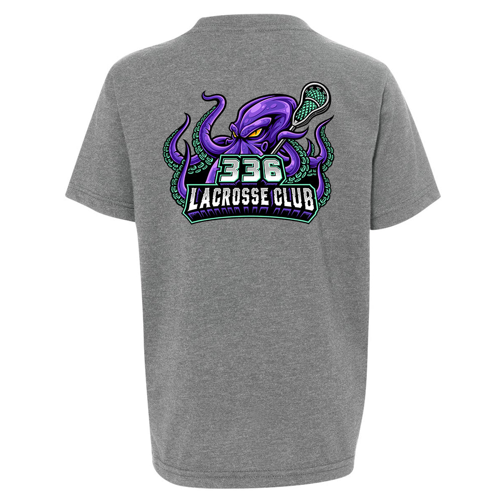Youth Tee - 336 Lacrosse Club in heather grey, back view, purple octopus holding lacrosse stick with text &