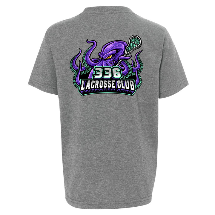 Youth Tee - 336 Lacrosse Club in heather grey, back view, purple octopus holding lacrosse stick with text &