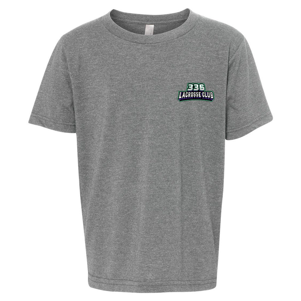 Youth Tee - 336 Lacrosse Club in heather grey, front view, 336 LACROSSE CLUB text logo on chest
