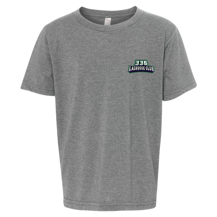 Youth Tee - 336 Lacrosse Club in heather grey, front view, 336 LACROSSE CLUB text logo on chest