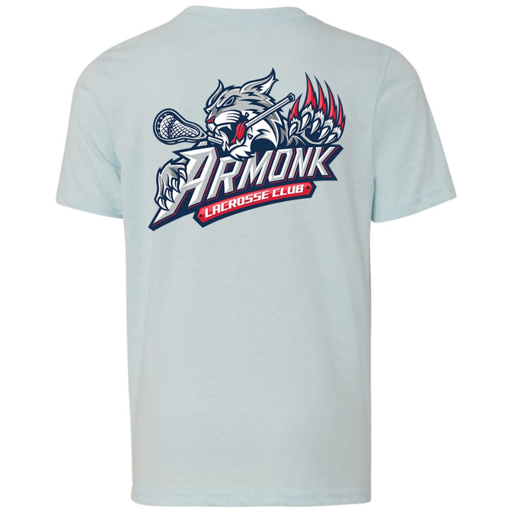 Youth Tee - Armonk Lacrosse in ice blue, back view, wolf holding lacrosse stick with Armonk Lacrosse Club text