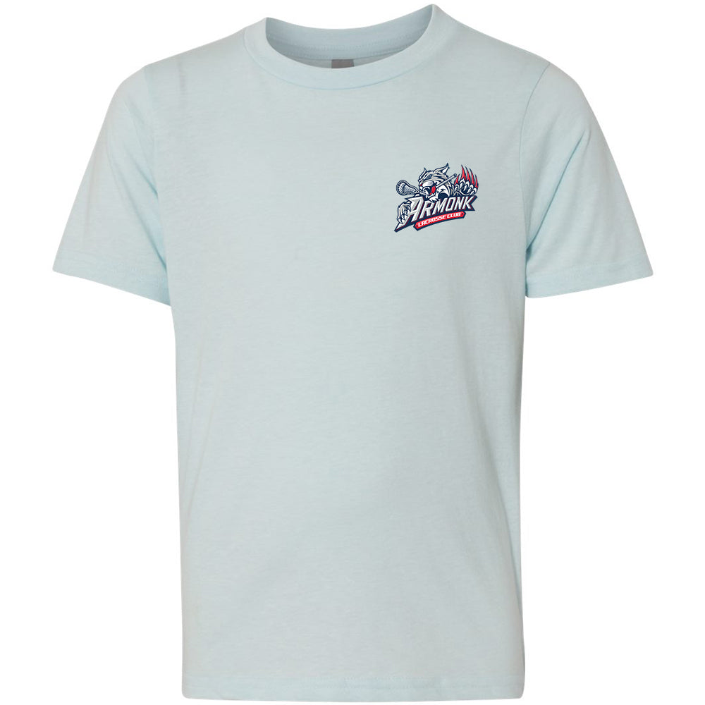 Youth Tee - Armonk Lacrosse in ice blue, front view, wolf head with crossed lacrosse sticks and text Armonk Lacrosse Club