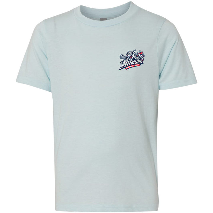 Youth Tee - Armonk Lacrosse in ice blue, front view, wolf head with crossed lacrosse sticks and text Armonk Lacrosse Club
