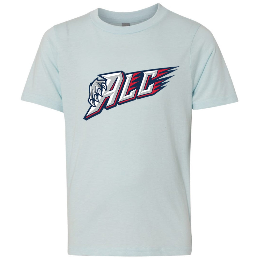 Youth Tee - ALC in ice blue, front view, ALC letters with claw graphic and red streaks