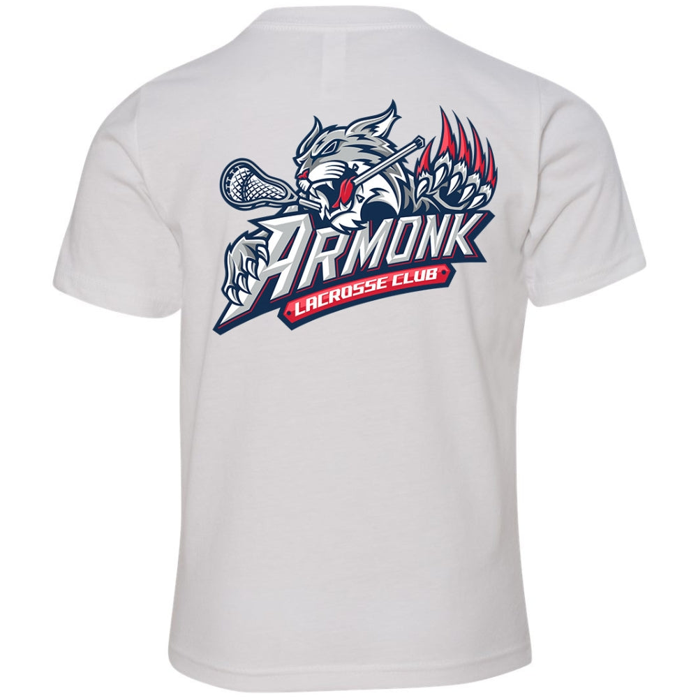 Youth Tee - Armonk Lacrosse in white, back view, wildcat holding lacrosse stick with Armonk Lacrosse Club text
