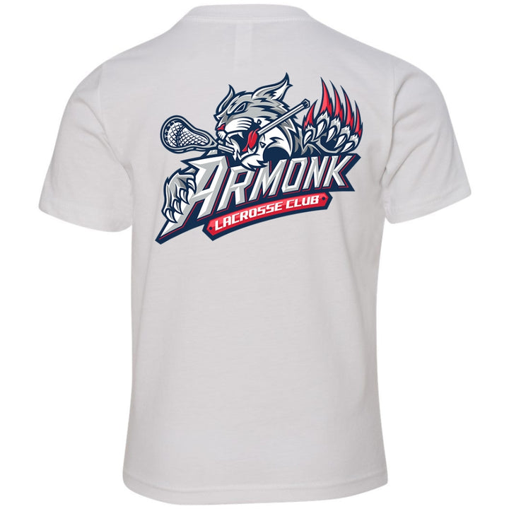 Youth Tee - Armonk Lacrosse in white, back view, wildcat holding lacrosse stick with Armonk Lacrosse Club text