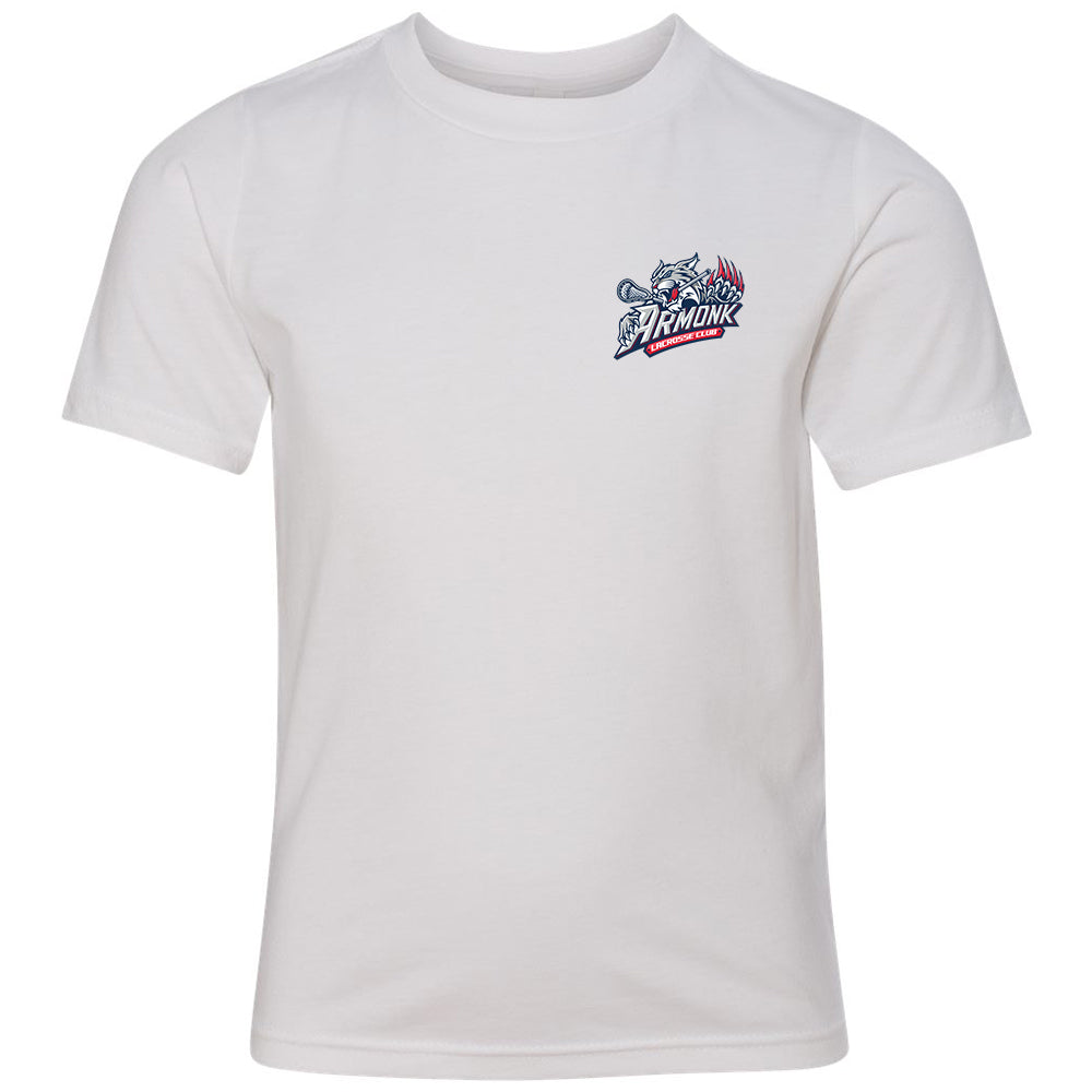 Youth Tee - Armonk Lacrosse in white, front view, Armonk lacrosse wolf logo with text