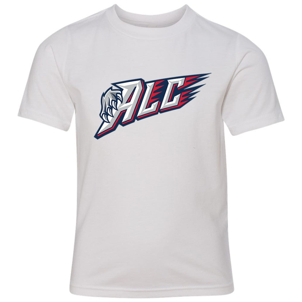 Youth Tee - ALC in white, front view, ALC letters with claw graphic