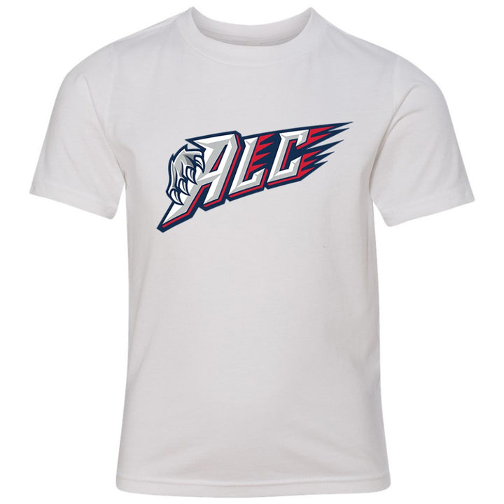 Youth Tee - ALC in white, front view, ALC letters with claw graphic