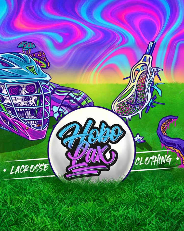 Hobo Lax lacrosse clothing: skull lacrosse helmet, stick and the Hobo Lax logo ball on psychedelic grass