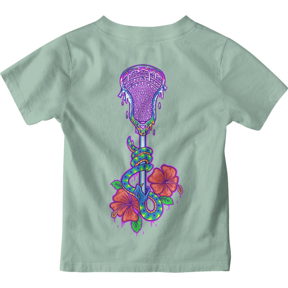 Youth Lax Snake Tee in seafoam, back view, lacrosse stick with snake coiled around it and red hibiscus flowers