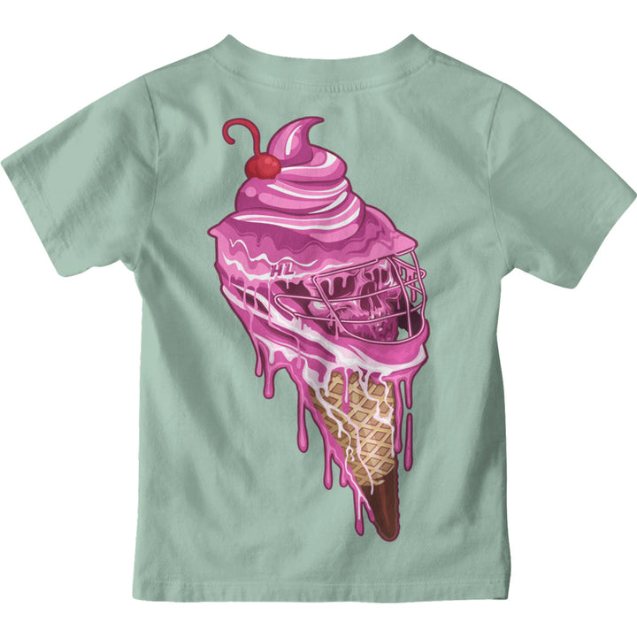 Youth Sideline Scoop Tee in seafoam, back view, pink ice cream cone shaped like a lacrosse helmet with a cherry on top