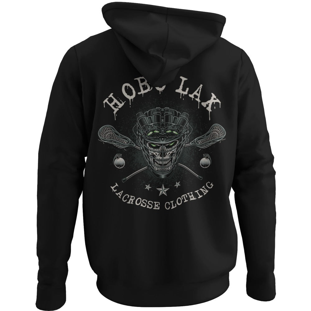 Tactical Clear Hoodie in black, back view, skull in a tactical lacrosse helmet with night vision goggles, crossed sticks and grenades