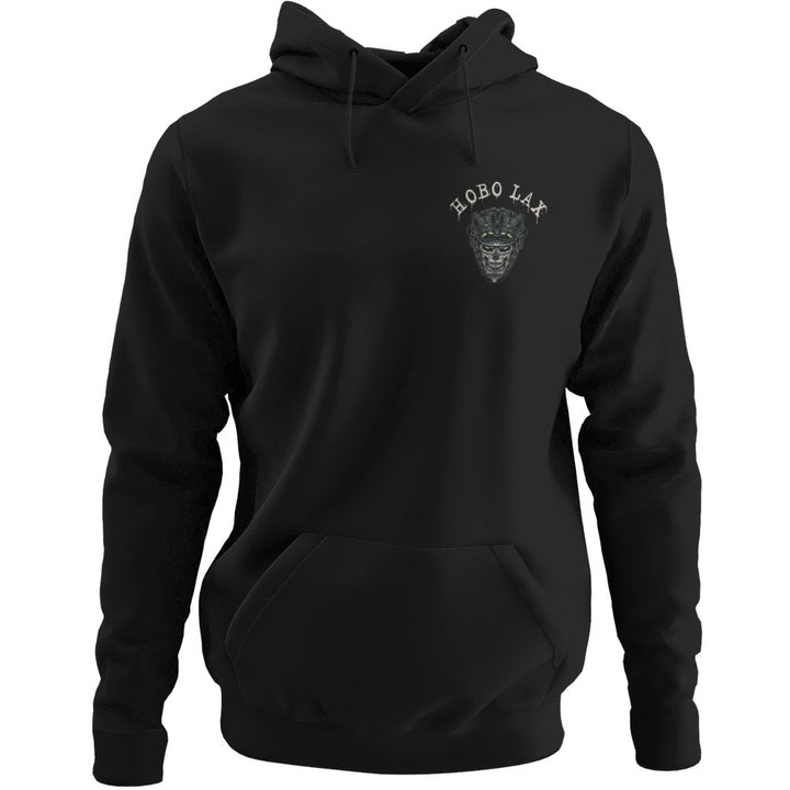 Tactical Clear Hoodie in black, front view, small Hobo Lax skull logo on the left chest