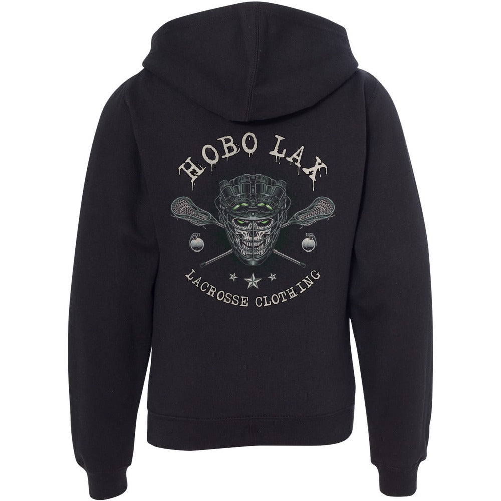 Youth Tactical Clear Hoodie in black, back view, skull in a tactical lacrosse helmet with night vision goggles, crossed sticks and grenades