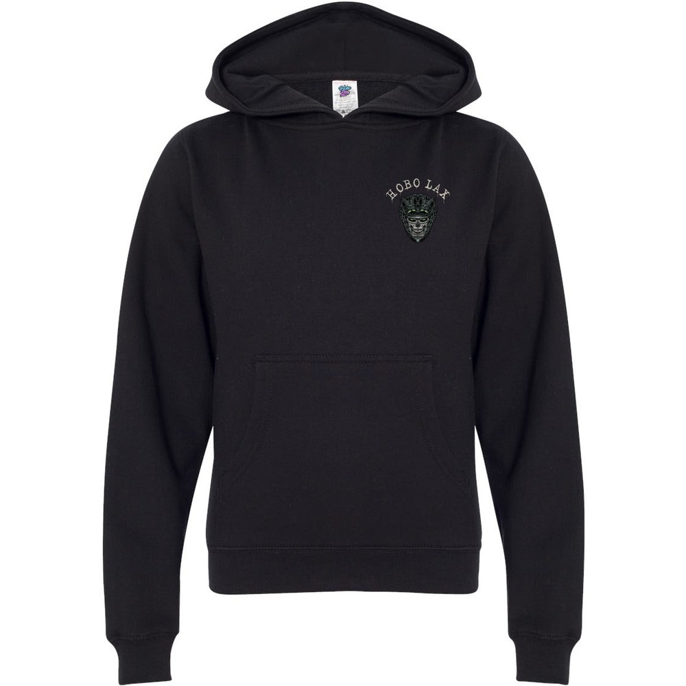 Youth Tactical Clear Hoodie in black, front view, small Hobo Lax skull logo on the left chest