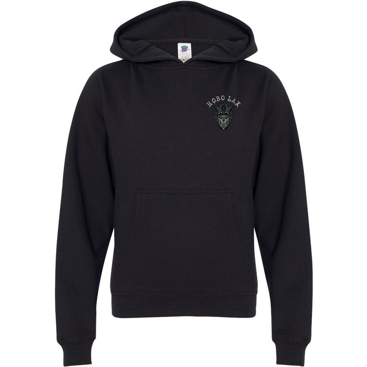 Youth Tactical Clear Hoodie in black, front view, small Hobo Lax skull logo on the left chest